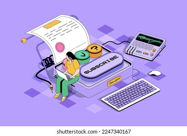 Electronic contract concept in 3d isometric design. Woman makes business deal and signing virtual documents and e-contract at laptop. Vector isometry illustration with people scene for web graphic