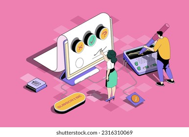 Concepto de contrato electrónico en diseño isométrico 3d. Empresario y empresaria firmando un documento legal en formato digital. Ilustración vectorial con escena de personas isométricas para gráfico web