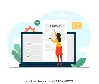 Electronic contract concept. Girl standing on laptop, checking documents. Hardworking employee. Technology and development. Internet security, convenience and safety. Cartoon flat vector illustration