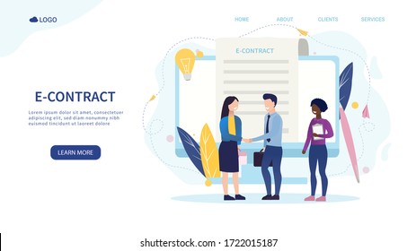 Electronic contract concept. A group of young interracial businessmen enter into an agreement using an electronic service. Technology for business. Online Arrangements in Action. Suitable landing page