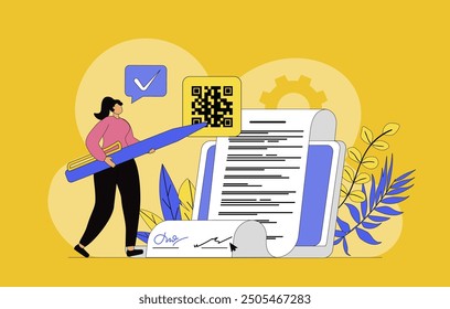 Electronic contract concept with modern flat design for web. Businesswoman signing electronic agreements with digital signature, making business deal online with certificates. Vector illustration.