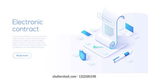 Electronic contract or digital signature concept in isometric vector illustration. Online e-contract document sign via smartphone or laptop. Website or webpage layout template. 