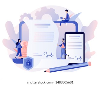 Electronic Contract Or Digital Signature Concept. Modern Flat Cartoon Style. Vector Illustration