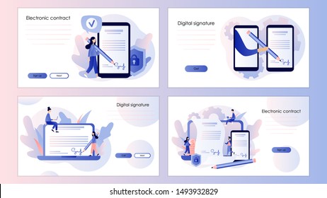 Electronic contract or digital signature concept. Screen template for mobile smart phone, landing page, template, ui, web, mobile app, poster, banner, flyer. Modern flat cartoon style.  Vector