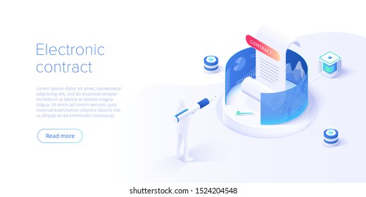 Contrato eletrônico ou conceito de assinatura digital em ilustração vetorial isométrica. Assinatura de documento de contrato eletrônico on-line via smartphone ou laptop. Modelo de layout de site ou página da web. 