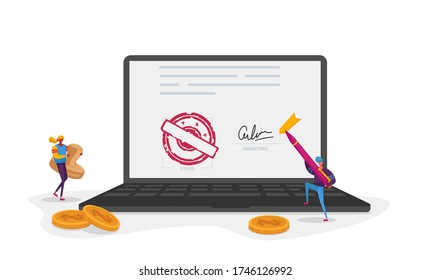 Electronic Contract or Digital Signature Concept. Businessman Character with Giant Pen Putting Name as Identification Form on Laptop Screen with Stamp on Document. Cartoon People Vector Illustration