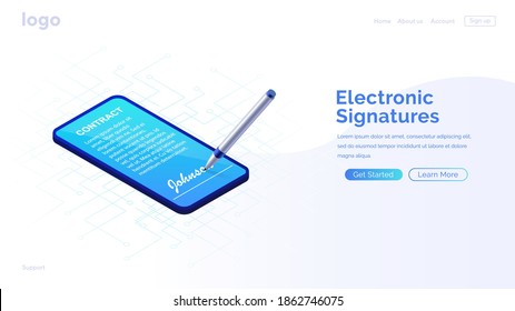 Electronic contract or digital signature concept in isometric vector illustration. Signing an electronic contract online by phone. Website template or web page layout.