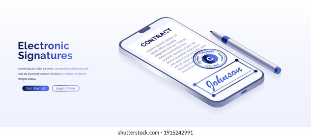 Electronic contract or digital signature concept in isometric vector illustration. Signing an electronic contract online by phone. Website template or web page layout.