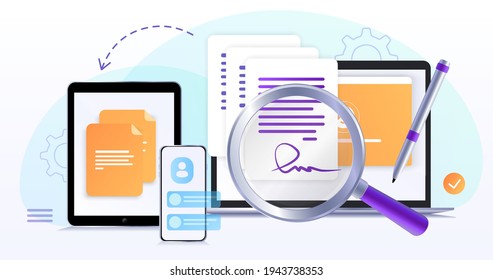 Electronic contract or digital signature concept in vector illustration. Signing an electronic contract online. Website template or web page layout. The working process.