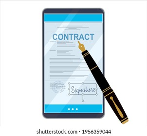 Electronic contract or digital signature concept in vector illustration. Signing an electronic contract online by phone
