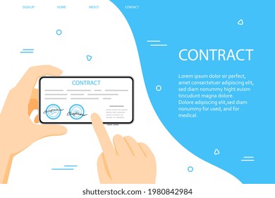 Electronic contract or digital signature concept in vector illustration. Online e-contract document sign via desktop PC. Website or webpage layout template.