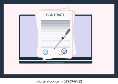 Contrato electrónico con firma digital. Concepto de firma inteligente de un acuerdo de asociación en línea, transacciones seguras. Compromisos en línea. Forma jurídica, pago, conclusión del contrato.Vector 