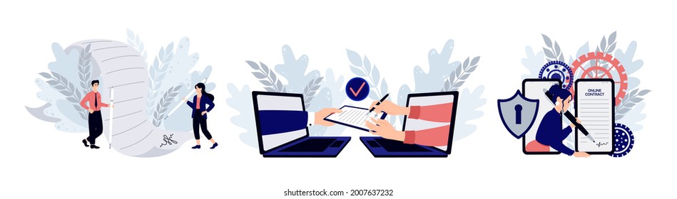 Electronic contract or digital signature concept. Set of scenes with entrepreneurs making deal. Concept of agreement conclusion, business partnership, documentary coherence isolated