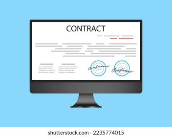 Electronic contract or digital signature concept in vector illustration. Online e-contract document sign via desktop PC. Website or webpage layout template