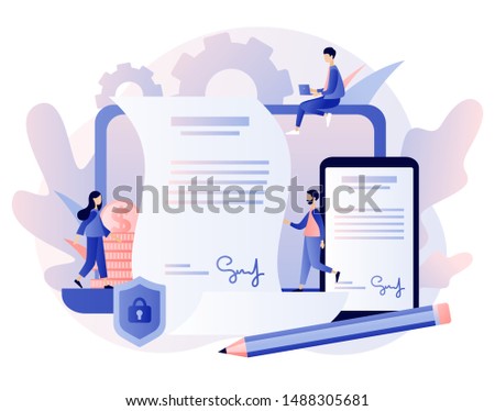 Electronic contract or digital signature concept. Modern flat cartoon style. Vector illustration