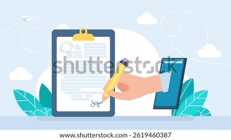 Electronic contract or digital signature concept. Digital signature for electronic business document, agreement and certificate. Approve online data information with pen on mobile. Vector illustration