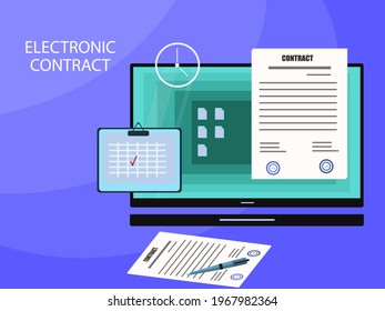 Electronic contract, digital signature, key, vector illustration. Online form, deal, paper treaty, internet office. The concept of fulfilling the commitment of the contract on schedule, on time.