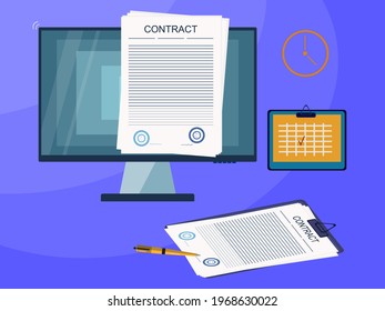 Electronic contract, digital signature, key, vector illustration. Online form, deal, paper treaty, internet office. The concept of fulfilling the commitment of the contract on schedule, on time.