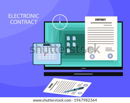 Electronic contract, digital signature, key, vector illustration. Online form, deal, paper treaty, internet office. The concept of fulfilling the commitment of the contract on schedule, on time.