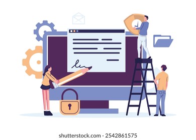 Contrato Electrónica con firma digital. Conclusión segura del Acuerdo, ilustración plana de la sociedad del negocio