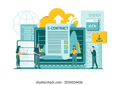 Electronic contract, financial analysis and online management, IT support and programming service. Concept vector illustration.