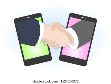 electronic contract. handshake through smartphone screen. flat design adapted for websites and mobile applications. vector image.