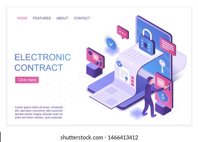 Electronic contract isometric landing page vector template. Personal data protection and encryption, cyber security services website design layout. Smart contract, digital agreement 3d concept