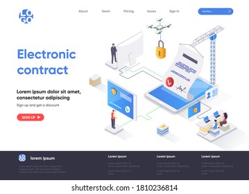 Electronic contract isometric landing page design. Online sign contract or documents technology isometry concept. Digital signature solution flat web page. Vector illustration with people characters.