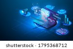 Electronic contract isometric web banner, e-signature on document at laptop screen digital signing service secured internet technology. Digital signature electronic document smart contracts. Vector
