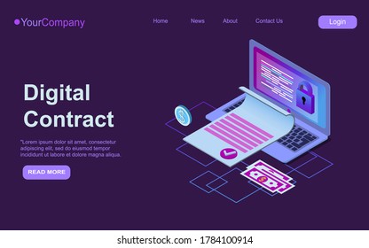 Electronic contract isometric web banner, e-signature on document at laptop screen digital signing service secured internet technology, 3d vector landing page EPS