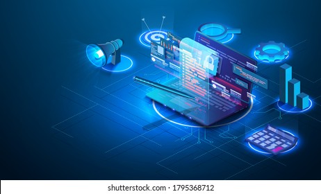 Electronic contract isometric web banner, e-signature on document at laptop screen digital signing service secured internet technology. Digital signature electronic document smart contracts. Vector