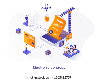 Electronic contract isometric web banner. Online sign contract or documents technology isometry concept. Digital signature business solution 3d scene design. Vector illustration with people characters