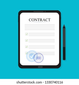 Electronic contract on the tablet, in flat style, business concept, vector illustration