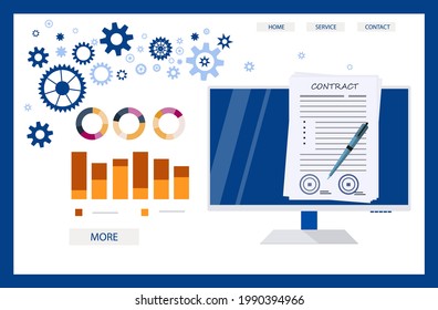 Electronic contract. Online digital agreement with smart signature. Time of a contract or deal in the workplace, on the Internet. Signing a legal document by a sponsor or investor. Vector illustration