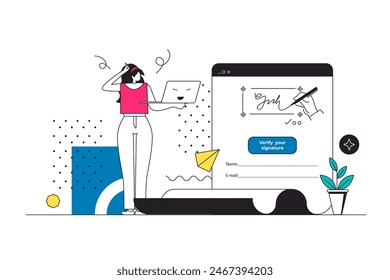 Concepto de Web de contorno de contrato Electrónica en diseño de línea plana moderna. Mujer recibiendo certificado digital y documentos en la computadora portátil para firma en línea con Identificación de verificación. Ilustración vectorial