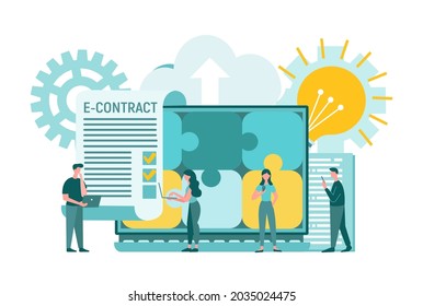 Electronic contract, teamwork, puzzles as collaboration and networking. Concept vector illustration.