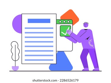 Electronic contract web concept design with people characters. Business partners sign contract online. E-contracts composition in flat style. Vector illustration