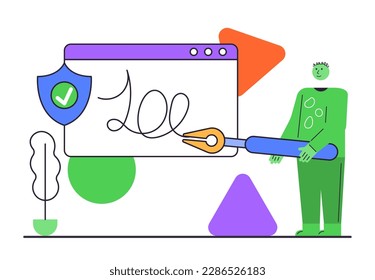 Electronic contract web concept design with people characters. Business partners sign contract online. E-contracts composition in flat style. Vector illustration