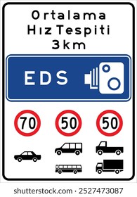 Elektronisches Kontrollsystem, Informationsschilder, Straßenschilder in der Türkei. Standardverkehrszeichen auf türkischen Straßen. (Türkisch: Elektronik Denetleme Sistemi, Karayolları standart trafik işaret levhaları)