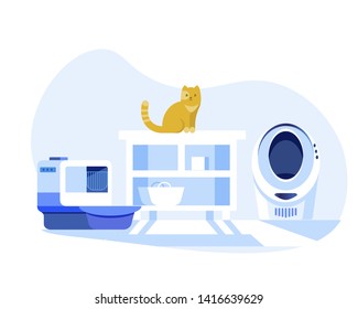 Electronic Conveniences for Pets Cartoon Flat Vector Illustration. Automatic Toilet for Cats. Automated Cat House with Different Modes. Interior Bathroom in Apartment where Cats Live.