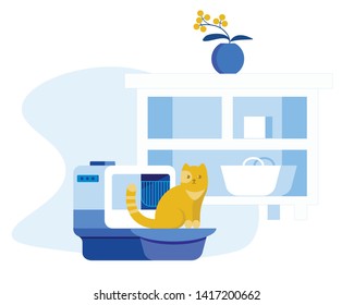 Electronic Conveniences for Pets Cartoon Flat Vector Illustration. Automatic Toilet for Cats. Interior Bathroom in Apartment with Kitten inside. Self Cleaning Equipment or Appliance for Cat.