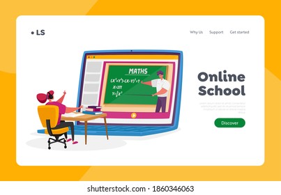 Electronic Courses, Online Education in Internet at Home Landing Page Template. Female Character Sit at Desk Looking on Huge Laptop with Man Teaching Maths Lesson. Cartoon People Vector Illustration