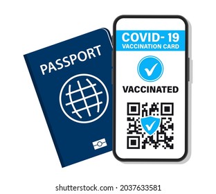 Electronic COVID-19 immunity passport. Digital vaccine certificate with Qr code. The vaccinated person using QR code on mobile phone for safe travelling during the pandemic. Air tickets, boarding pass