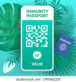 Electronic Covid-19 immunity passport QR code on smartphone screen vector concept. Vaccination or negative coronavirus test green valid certificate on mobile phone. Health pass app for safe tourism.