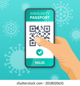 Electronic Covid-19 immunity passport QR code on smartphone screen vector concept. Vaccination or negative coronavirus test green valid certificate on mobile phone. Health pass app for safe tourism.