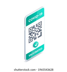 Electronic Covid-19 vaccine passport on smartphone screen with QR code isometric vector concept. 3d Vaccination green certificate on mobile phone. Health pass app, negative corona virus test