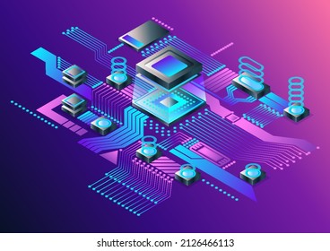 Electronic cpu digital chip. Abstract computer processor and electronic components on motherboard or circuit board. Eelectronic devices on microchip or microprocessor, hardware engineering. AI