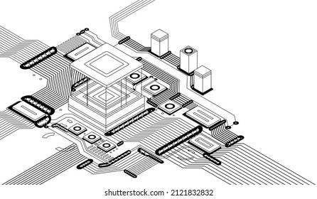 Electronic cpu digital chip monochrome. Processor and electronic components on motherboard or circuit board. Microchip or microprocessor, hardware engineering. AI. Blockchain technology isometric