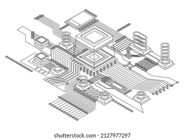 Electronic cpu digital chip monochrome. Abstract computer processor and electronic components on motherboard or circuit board. Eelectronic devices on microprocessor, hardware engineering. AI