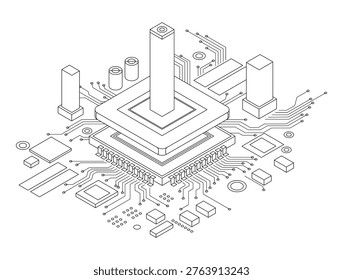 Electronic cpu digital chip monochrome. Processor and electronic components on motherboard or circuit board. Microchip or microprocessor, hardware engineering. AI. Blockchain technology isometric.